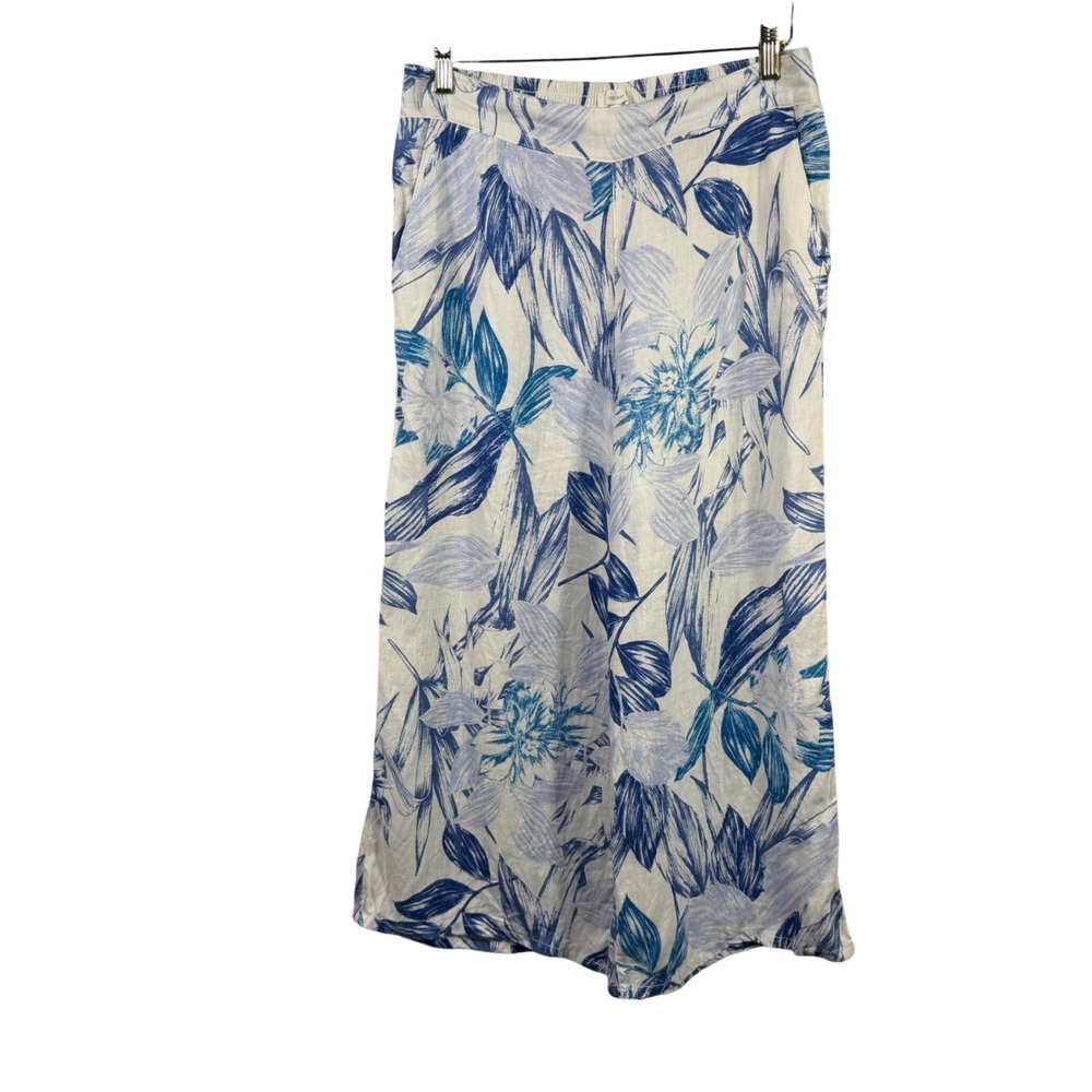 C & California Women Linen Wide Leg Pants Blue White Tropical Floral Size Large